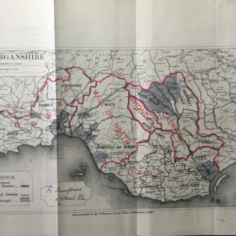 Antique 139 Years-Old Scarce Map Glamorganshire Wales 1885 Boundary Changes.
