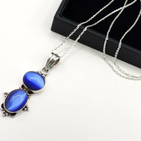  Sterling Silver Cobalt Blue Cats Eye Pendant Necklace