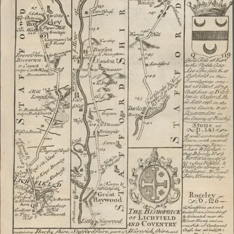 Britannia Depicta E Bowen c1730 Map Lichfield Rugeley Stone Darleston, Nantwich.