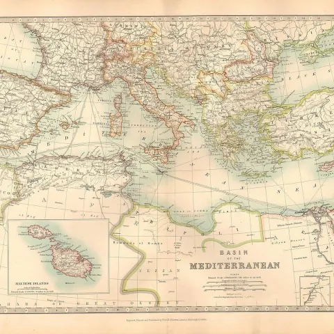 The Mediterranean Greece  Italy Spain Etc  Large Coloured  Antique Map.