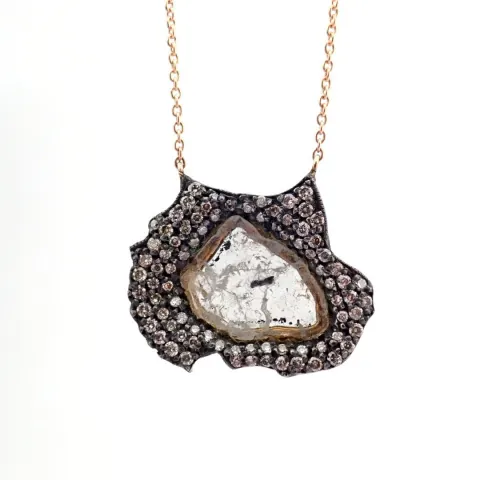 18K Yellow Gold Necklace Detailed With Slice Cut Rough Diamond In The Centre and Brilliant Diamonds