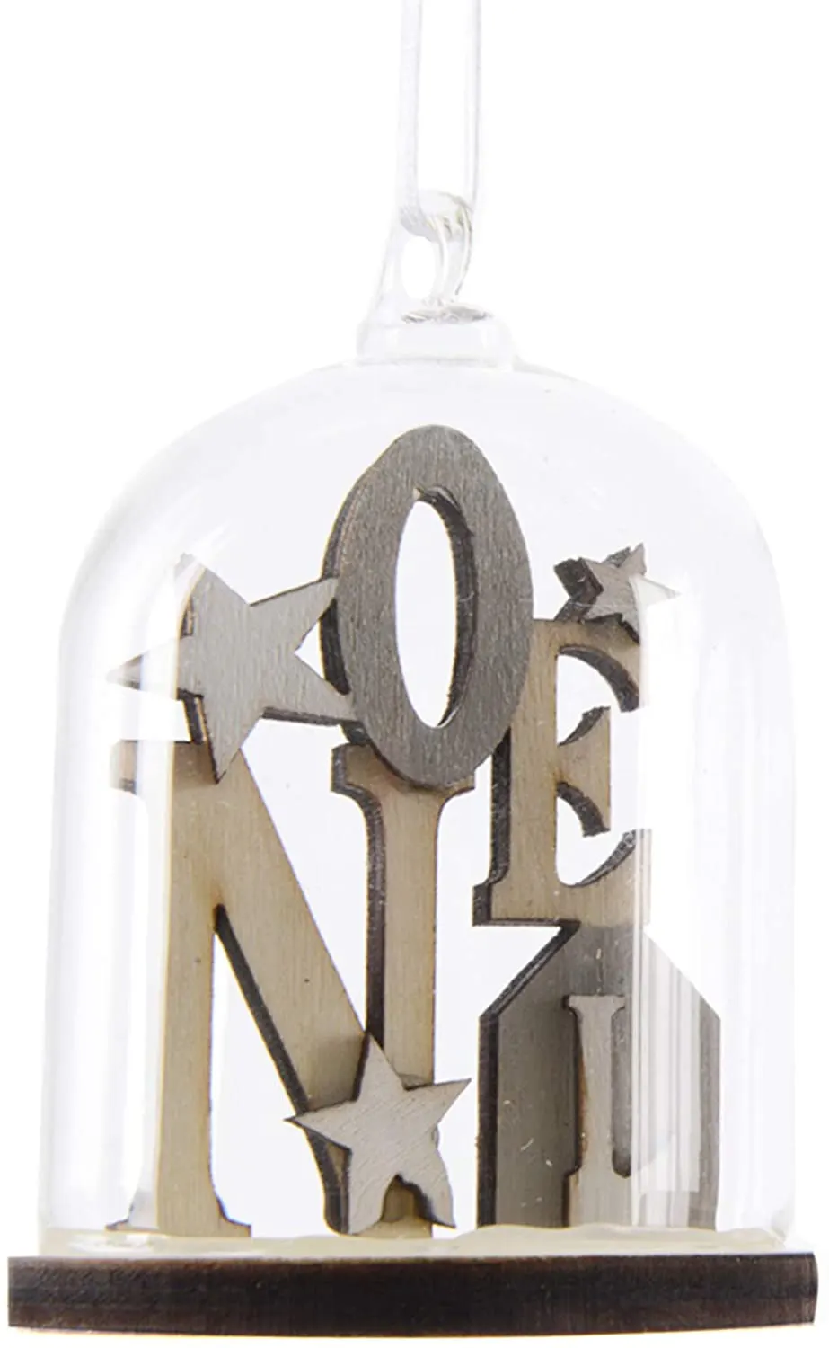 6 x SMALL GLASS DOME & WOOD CHRISTMAS DECORATION (NATURAL TONES NOEL)