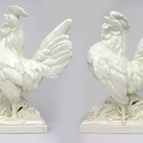 Pair of Royal Worcester Blanc de Chine Roosters A.Azori Liseron 3581