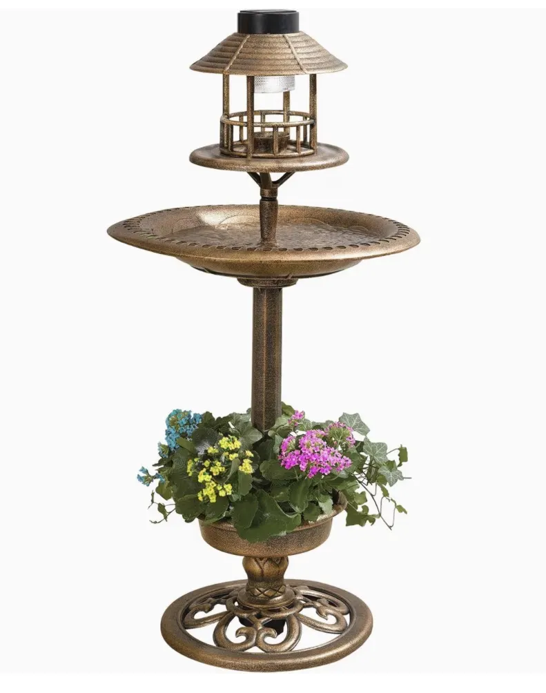 Solar Lighted Bird Bath With Feeder & Planter – Outdoor Garden Pedestal Birdbath