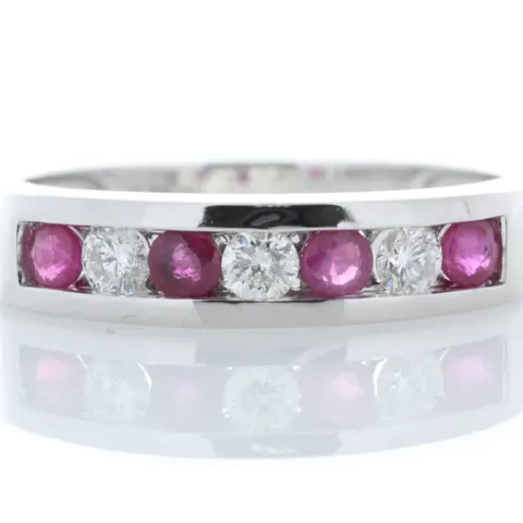 9ct White Gold Semi Eternity Diamond And Ruby Ring