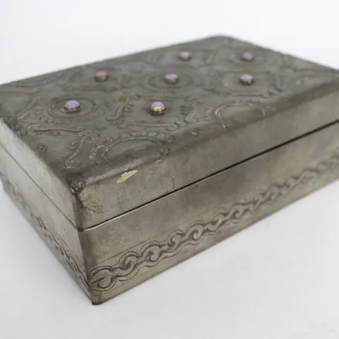 Vintage Pewter Opal Set Cigar Box