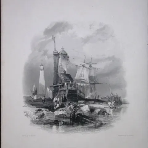 Sunderland Lighthouse WH Bartlett 183 Years-Old Antique Steel Engraving-57