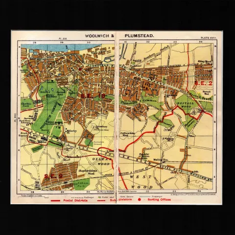 London District Woolwich & Plumstead Mounted Antique George V Map.