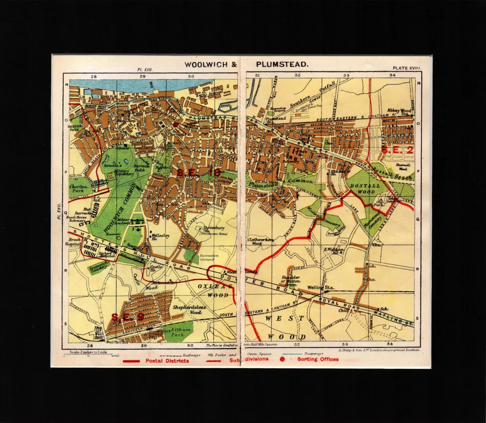 London District Woolwich & Plumstead Mounted Antique George V Map.