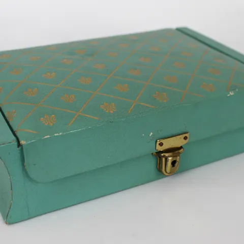 Vintage Turquoise & Gilt Fleur de Lys Jewellery Box