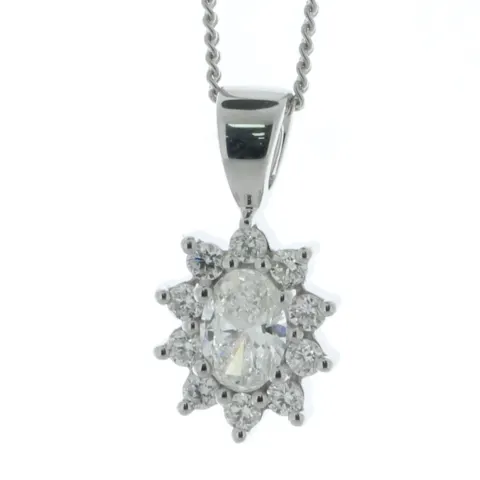 18ct White Gold Oval Cut Diamond Cluster Pendant (0.34) 0.54 Carats