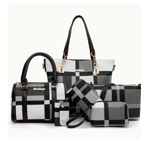 6-Piece Plaid Perfection - Womens Stylish Colour (Block) Bag & Purse Set