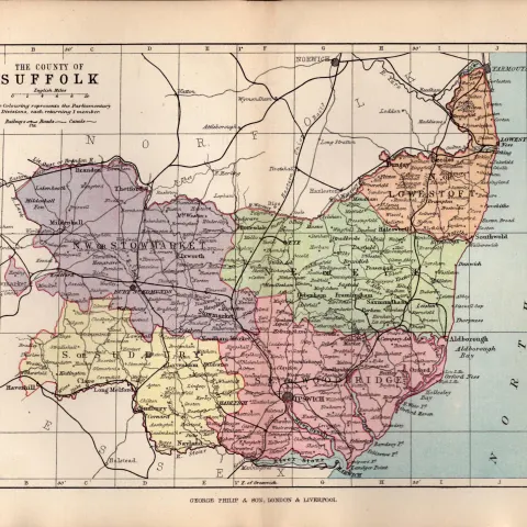County Suffolk 1895 Antique Victorian Coloured Map.