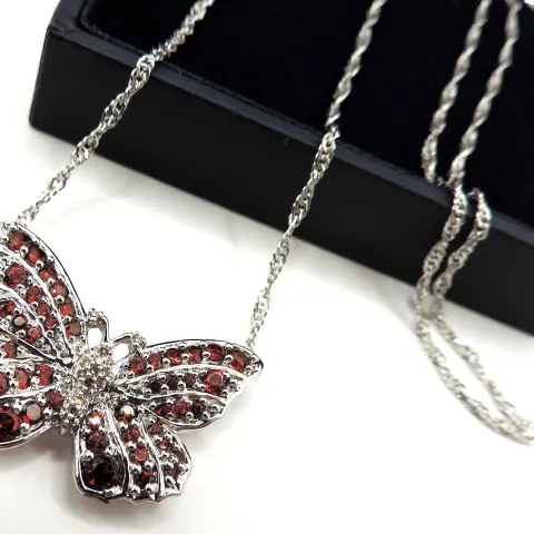 Sterling Silver Red Sapphire Gemstone Butterfly Necklace New With Gift Box