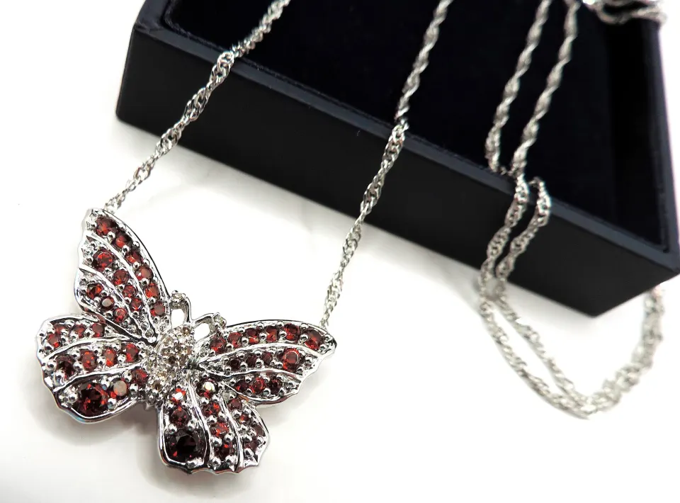 Sterling Silver Red Sapphire Gemstone Butterfly Necklace New With Gift Box