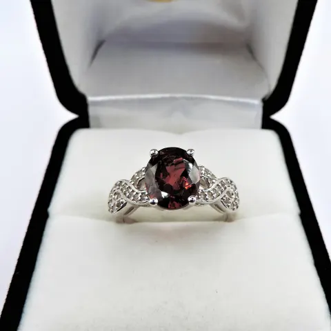 Garnet & Diamond Ring 2.74 cts Sterling Silver New with Gift Pouch