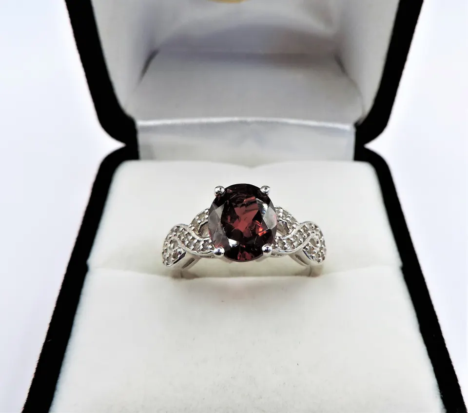 Garnet & Diamond Ring 2.74 cts Sterling Silver New with Gift Pouch