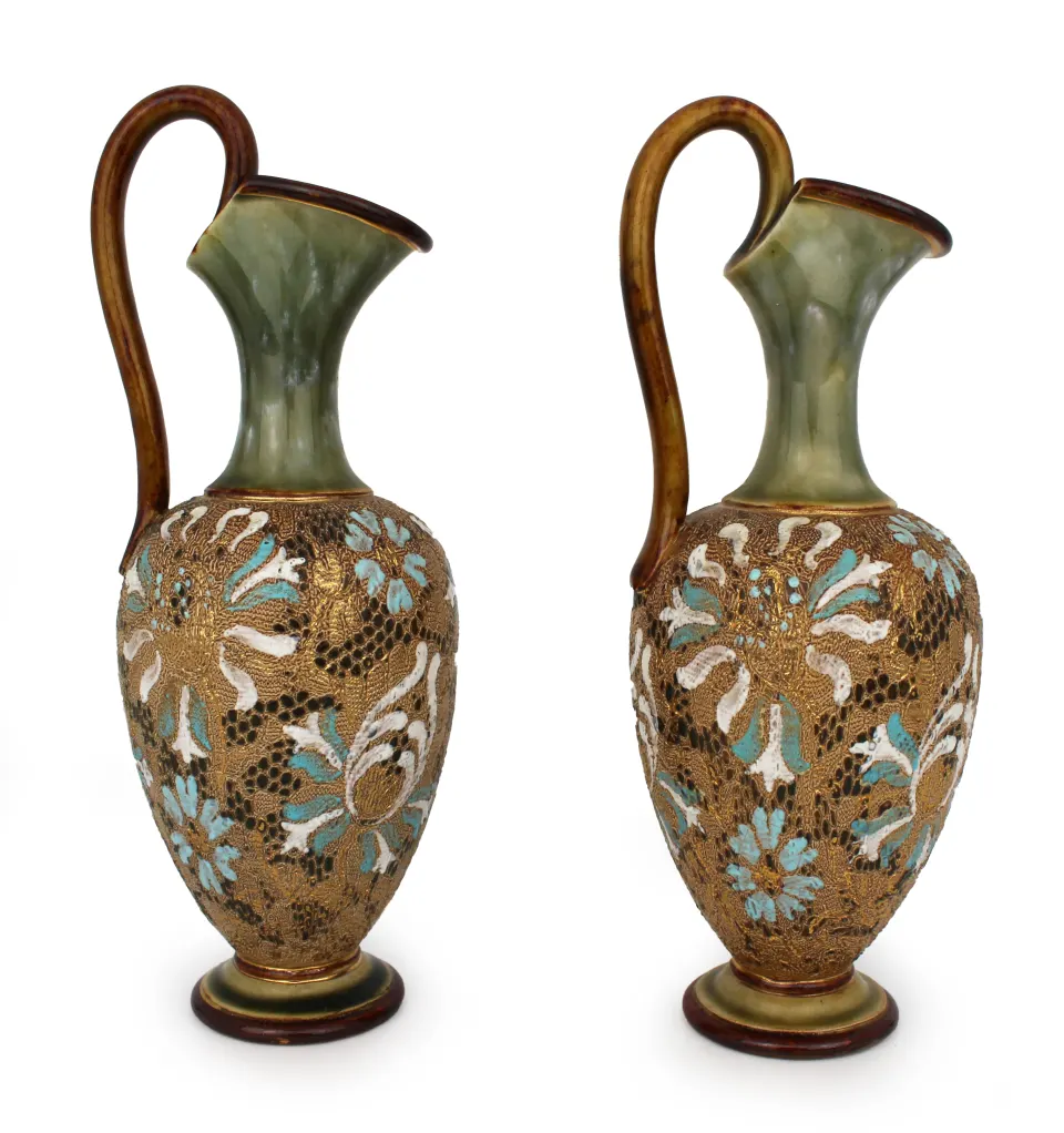 Pair of Edwardian Art Nouveau Doulton & Slaters Stoneware Ewers