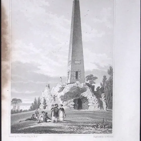Dublin Obelisk at Newtown Park 194 Years Old Antique Steel Engraving-1