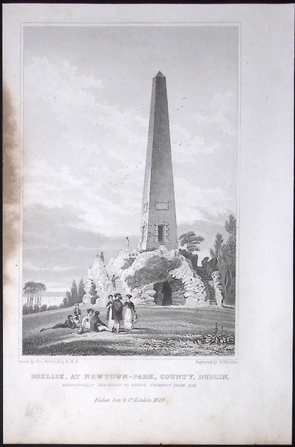 Dublin Obelisk at Newtown Park 194 Years Old Antique Steel Engraving-1