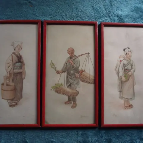 3 X Ryuko Tsutaya Watercolours - Japanese people in Traditional Dress - Signed