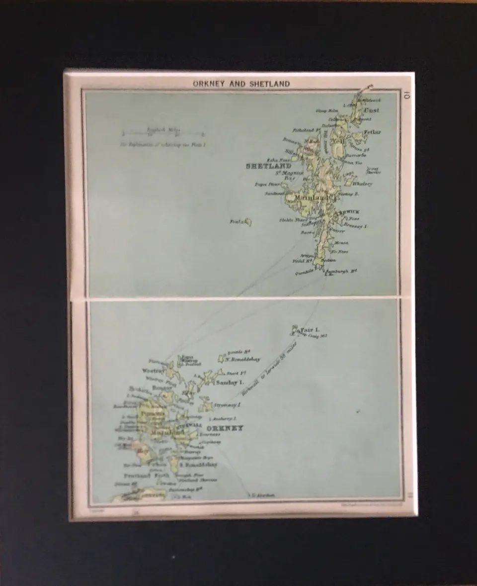 Shetland & Orkney Scotland Coloured Mounted Antique Map.