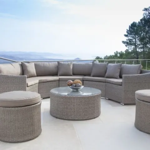 Whitehall Light Brown Cuved Rattan Sofa Set with table and stools