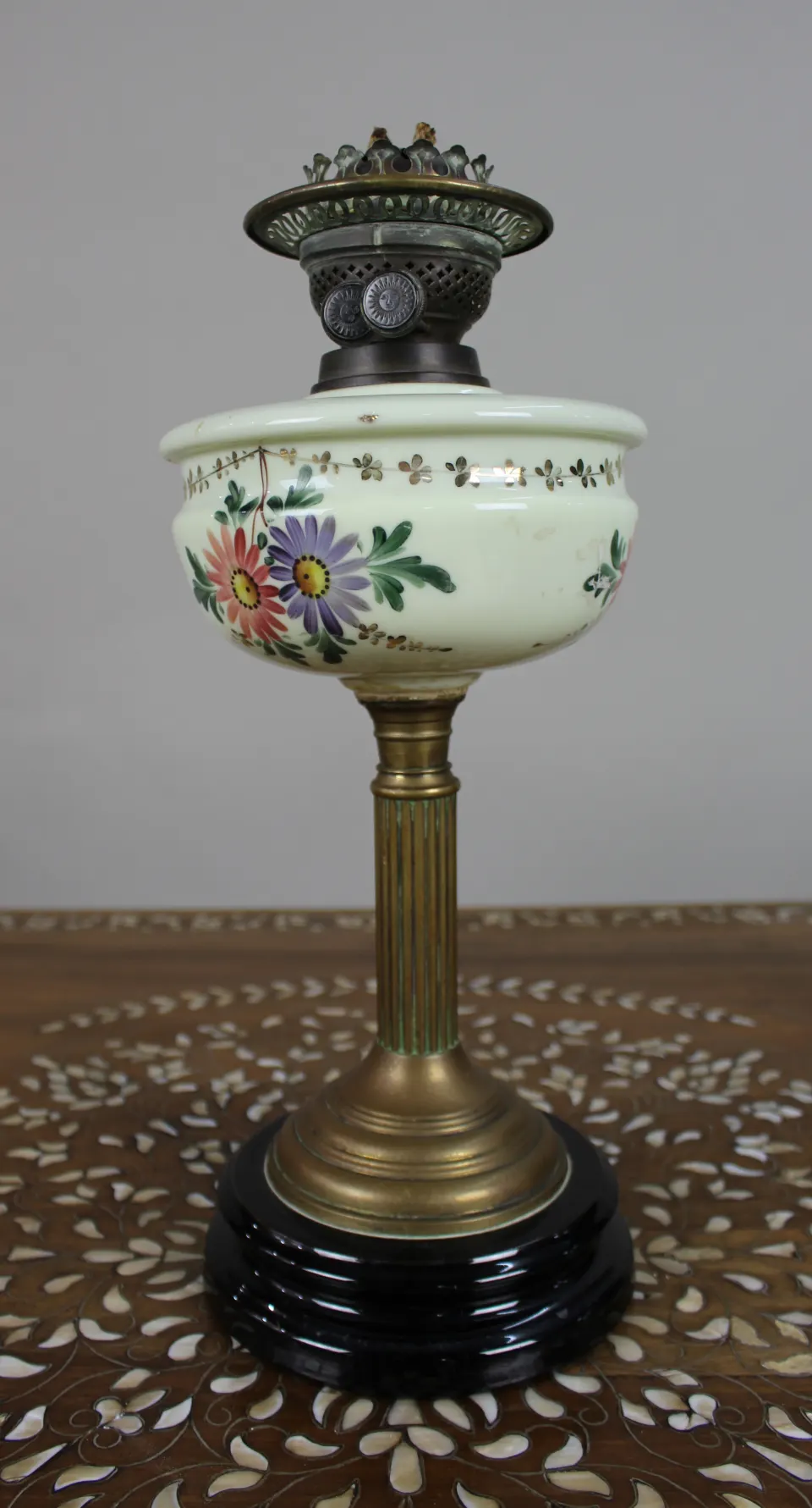 Victorian Oil Lamp with Hand-Painted Floral Font, c.1880