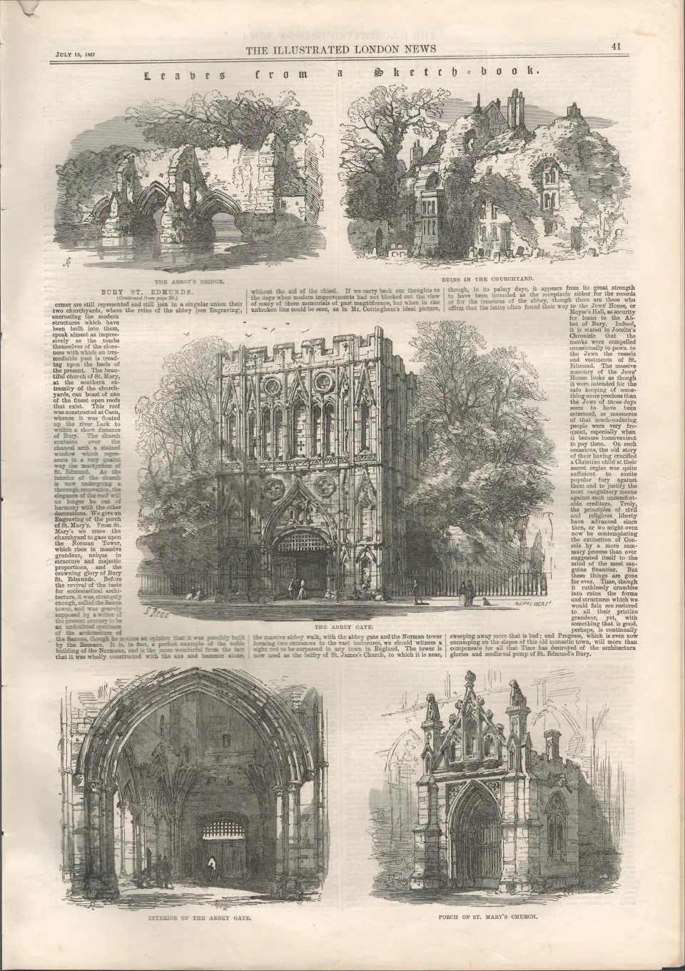 Victorian Sketches of Bury St Edmonds 1867 Antique Newspaper