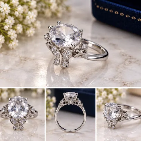925 Sterling Silver Ring with Large Clear Oval Stone & Butterfly Design