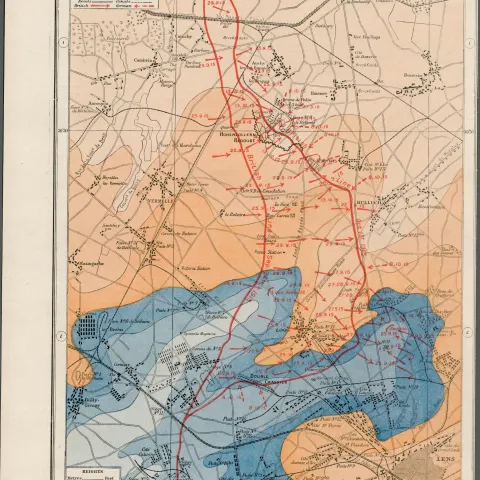 WW1 Western Front Loos & Hohenzollern Coloured Antique Map 1922.