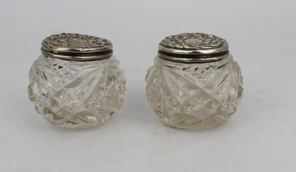 Pair of Cut Glass Silver Topped Pots Birmingham 1907 Henry Hobson