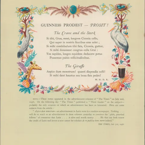 Double Sided Guinness Print 1937 "The Crane And The Stork"A Genuine Double Sided Lithographed Colour