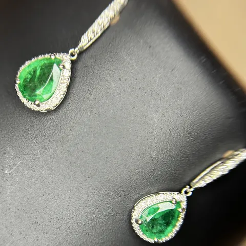 Beautiful 3.21ct Natural Emerald Earrings With Natural Diamonds & 18k Gold