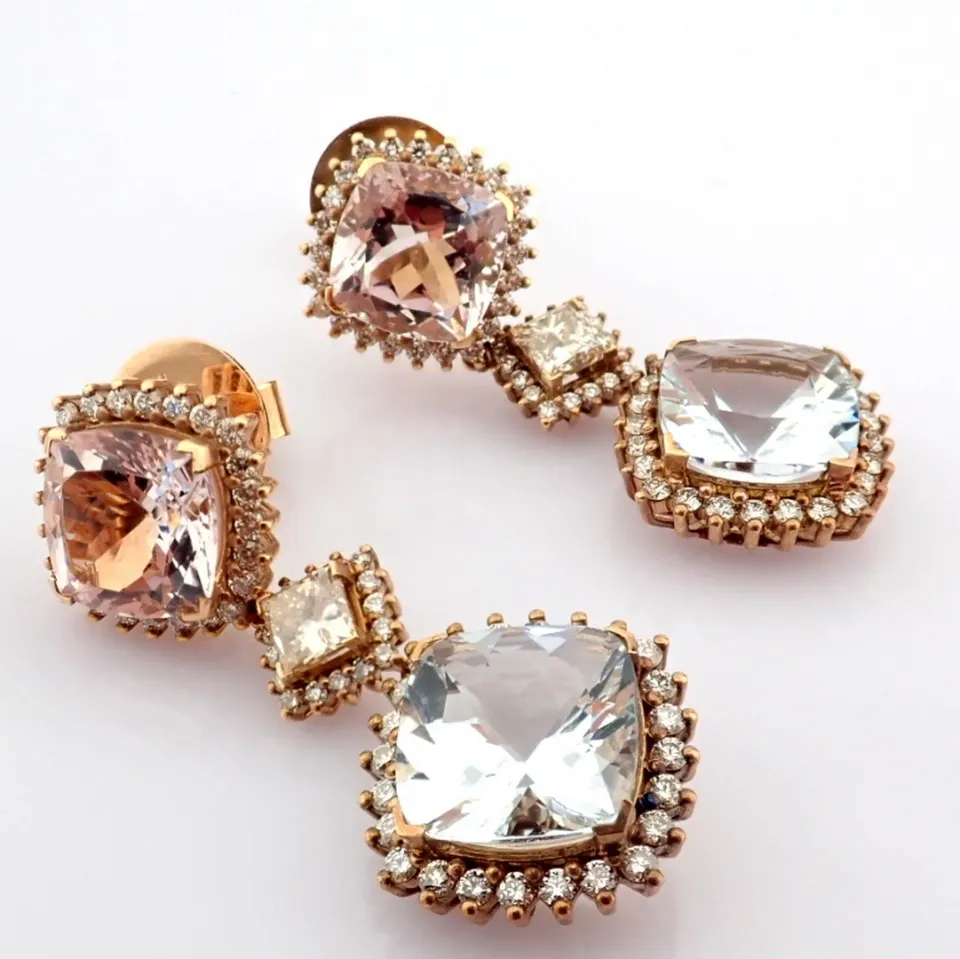 An Exquisite Earrings Detailed With Morganite, Aquamarine, Brilliant Diamonds and Gold