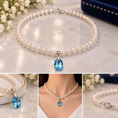6mm Pearl Necklace with Natural Blue Topaz Pendant & 925 Sterling Silver Clasp