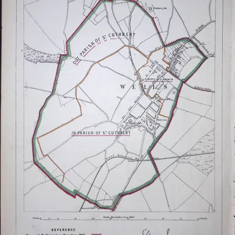 Wells Somerset  Boundary Commission 157-Year-Old Coloured Antique Map.