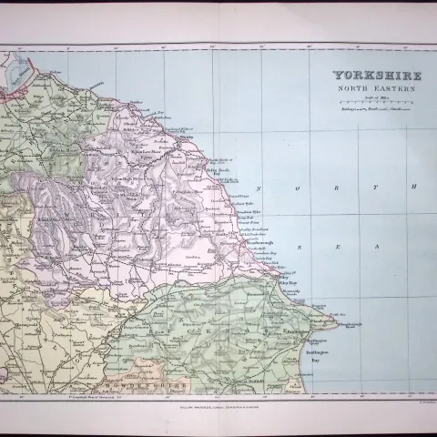 Yorkshire Whitby, Robin Hoods Bay,  Scarborough, Etc 1894 Coloured Antique Map.