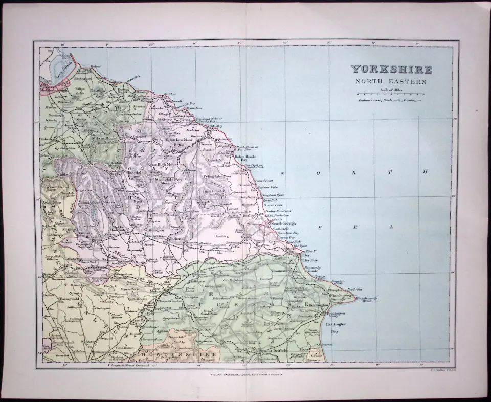 Yorkshire Whitby, Robin Hoods Bay,  Scarborough, Etc 1894 Coloured Antique Map.
