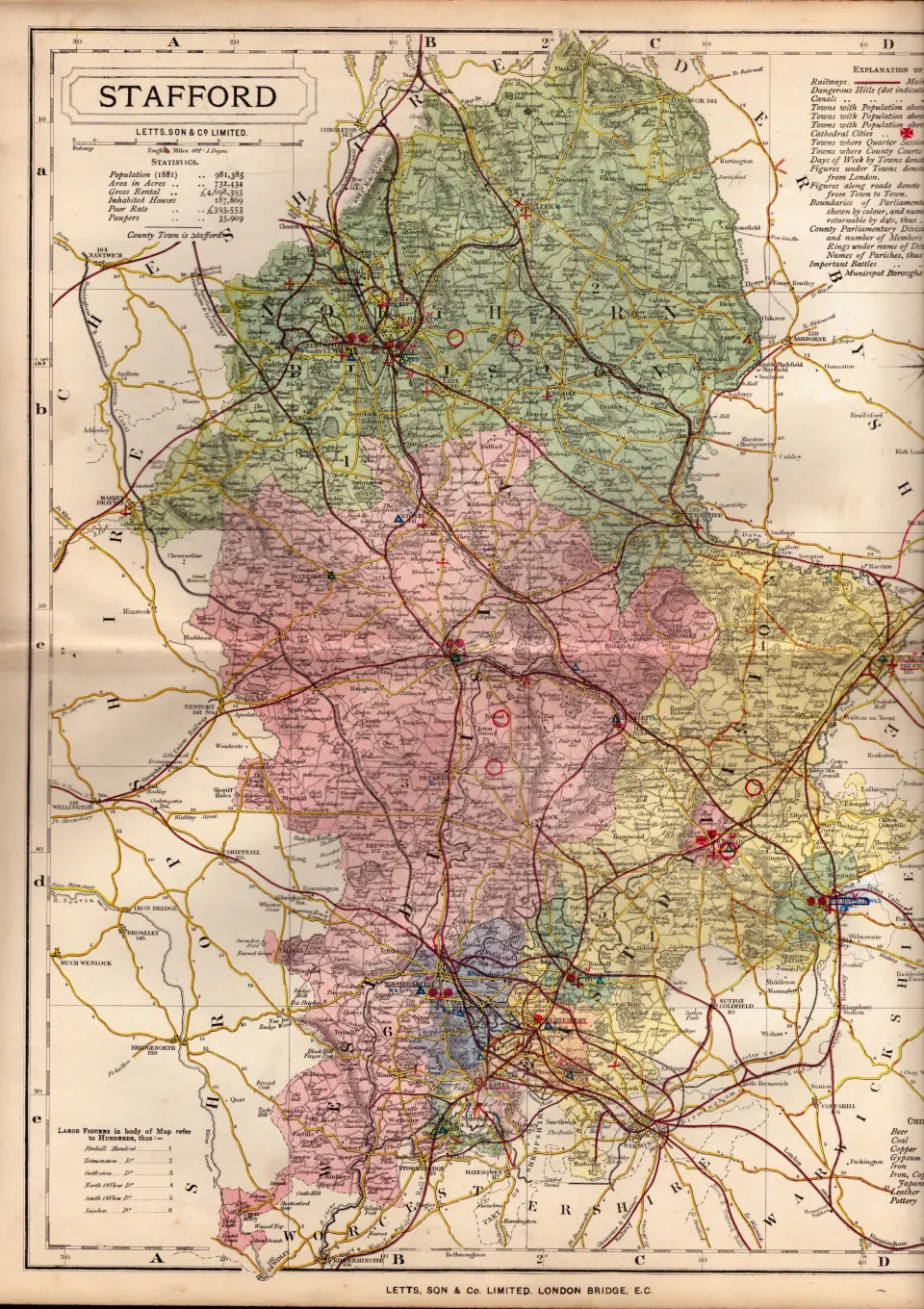 The County of Stafford Large Victorian Letts 1884 Antique Coloured Map.