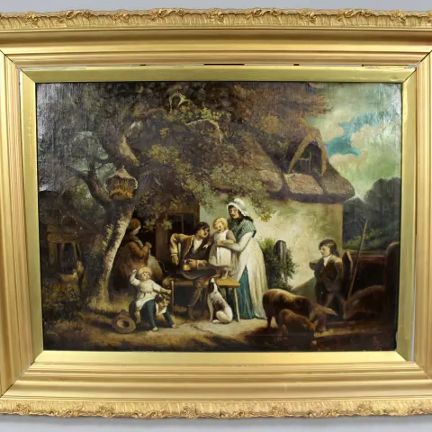 Early 19th c. Country Genre Scene Oil on Canvas