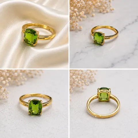 Green Cushion-Cut Stone Gold-Tone Ring