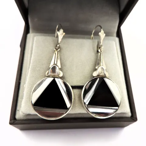 Vintage Art Deco Silver Onyx Drop Earrings