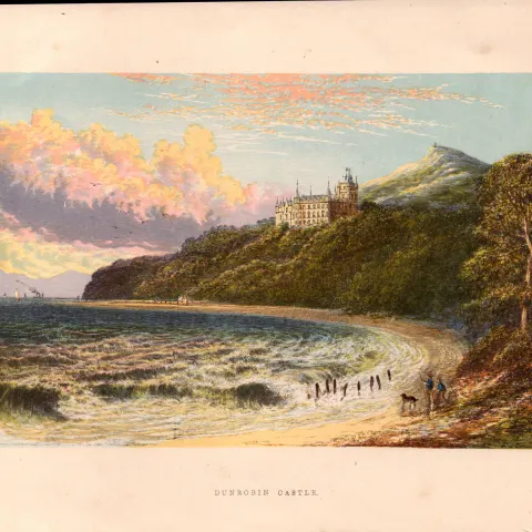 Dunrobin Castle Scottish Highlands Gilt-Edge Coloured Antique Book Plate.