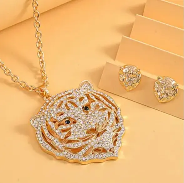 NEW! White and Black Austrian Crystal Tiger Pendant and Earrings