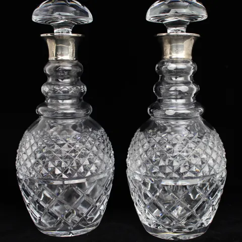 Pair of Fine Vintage Silver Collared Cut Glass Decanters