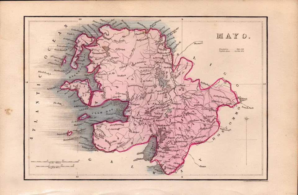 County Mayo Antique 1850’s Coloured  Map Mrs Hall Tour of Ireland.