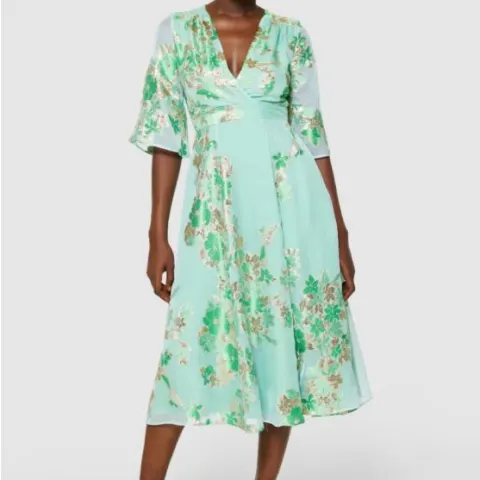 Closet London Mint Green Floral Wrap Midi Dress With Flared Sleeves Size 12