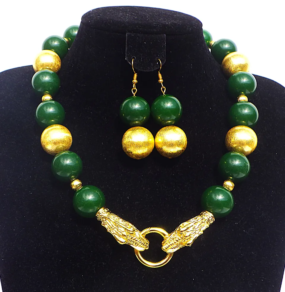 Green Jade Necklace & Earrings Set With Chinese Dragons