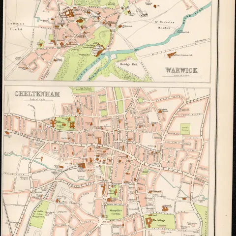 Victorian Map Cheltenham & Warwick City Ordnance Survey Plan.